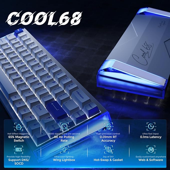 DAREU COOL68 60% Wired Gaming Keyboard Rapid Trigger Magnetic Switch Keyboard with 8000Hz Polling Rate Adjustable Actuation 0.1ms Latency SOCD Gasket Mount Hot swappable RGB Light
