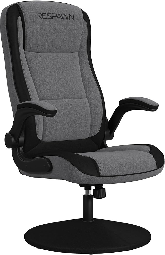 RESPAWN 800 Swivel Rocker Gaming Chair - Ergonomic Floor Gaming Seat with Lumbar Support Flip Up Armrest High Back Pedestal Base Comfortable No Wheels Console Video Game Rocker Chair - Gray Fabric