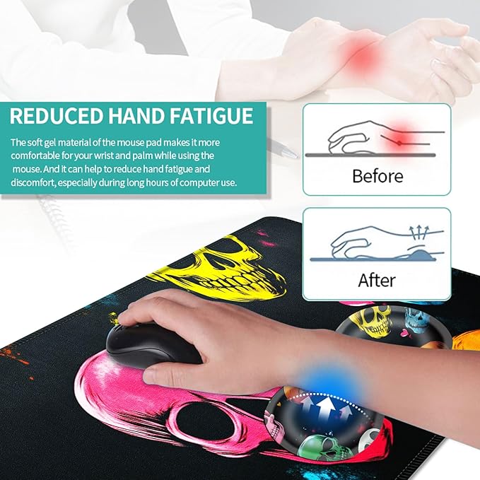 Keyboard Mouse Pad Set Extended Gaming Mouse Pad+Ergonomics Keyboard Wrist Rest Support Memory Foam Easy Typing Pain Relief 4Pcs XL Ultra Thick Desk MatColorful Skulls and Hearts