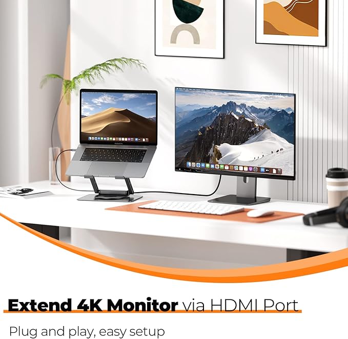Tobenone Laptop Docking Station Stand for MacBook Pro/Air/Dell/HP/Surface/Lenovo Mac Docking Station with 4K HDMI USB 3.0 RJ45 PD 3.0 USB C Laptop Stand Hub for Desk with 360 Rotating Base Grey