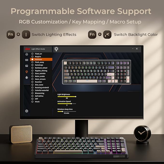 RK ROYAL KLUDGE R98 Pro Wireless Mechanical Keyboard Creamy Bluetooth/2.4GHz/Wired RGB Gaming Keyboard with Number Pad and Knob MDA Profile PBT Keycaps Gasket Hot Swappable Linear Switch Black