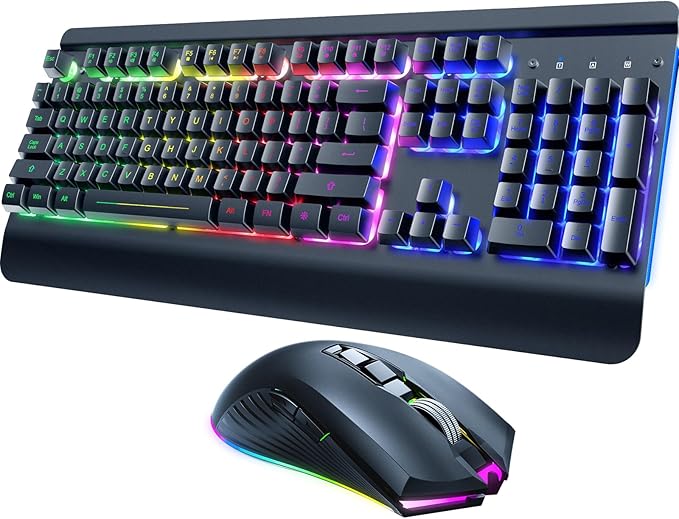 RisoPhy Wireless Gaming Keyboard and Mouse Combo Metal Panel 7 Color Backlits Rechargeable 3200 mAh Battery Wrist Rest Sleep Mode Light Up Keyboard + 7D 3200DPI Gaming Mice for PC Gamer