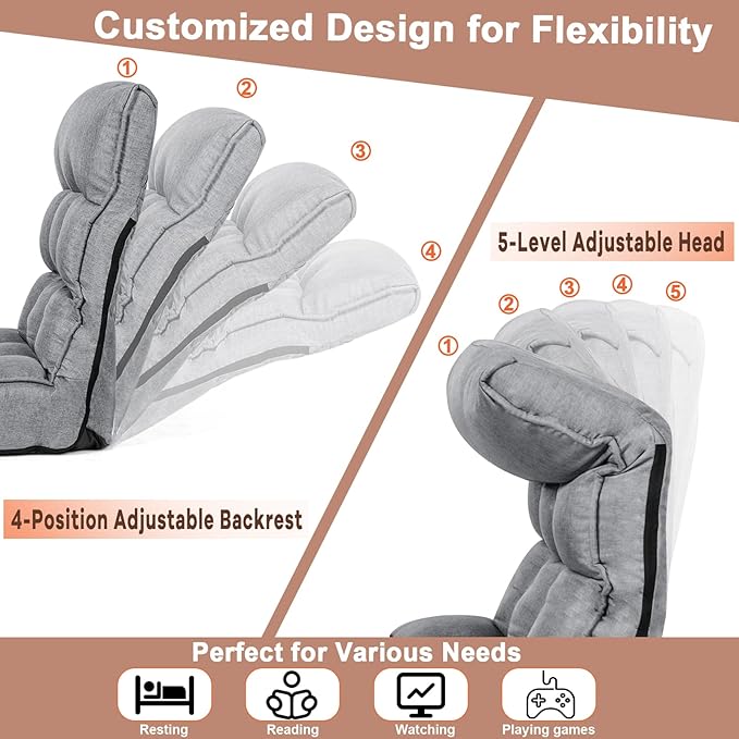 MAT EXPERT Folding Floor Chair Floor Gaming Chair w/ 4-Position Backrest 5-Position Adjustable Headrest Side Pocket Indoor Floor Chair w/Back Support for Bedroom Living Room (Grey)