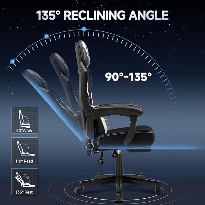 Ergonomic Mesh Video Gaming Chair with Footrest Height Adjustable Computer Chair with Lumbar Support High-Back Breathable Reclining Swivel Chair for Adults Home Office &amp Work (White)