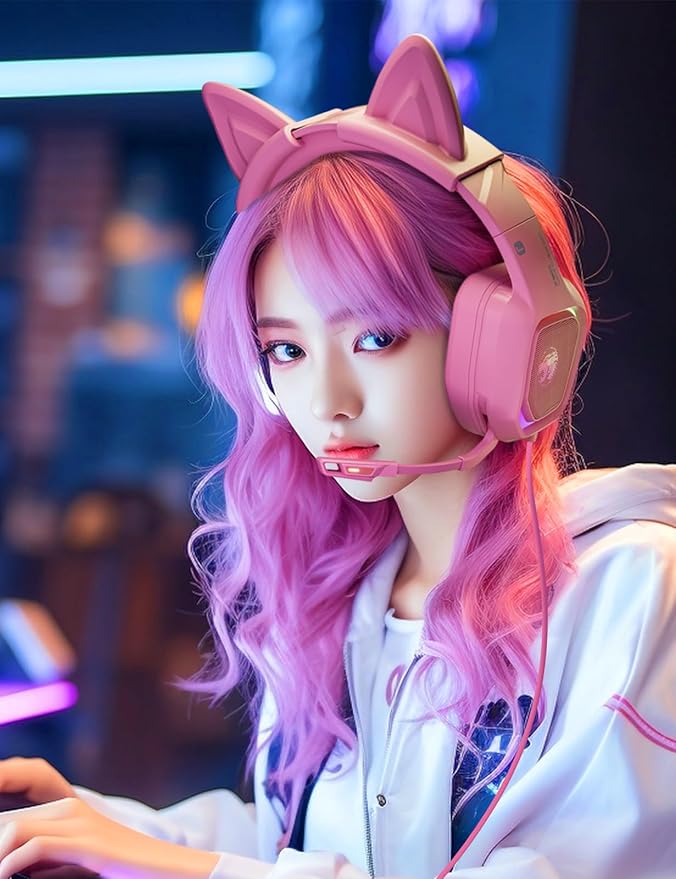 ZIUMIER Gaming Headset with Detachable Cat Ears Compatible with PS4 PS5 Xbox One PC Laptop Over-Ear Headphones with LED Light Noise Canceling Mic Stereo Surround Sound (Pink Cat)
