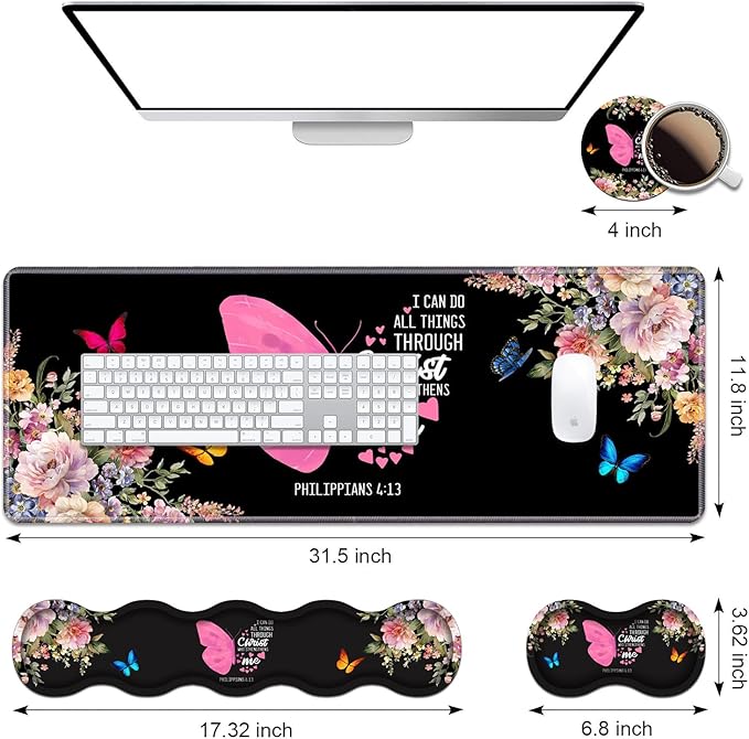 Ergonomic Keyboard Wrist Rest &amp Mouse Pad Wrist Rest Set 31.5x 11.8 Large XXL Gaming Desk Pad Memory Foam Non-Slip Desk Mat for Office &amp Home Floral Butterfly Quote Bible Verse Philippians