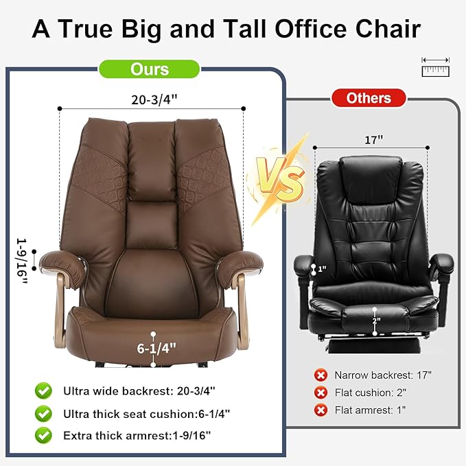 Big and Tall Executive Office Chair with Footrest 400LBS Capacity Ergonomic High-Back Desk Office Chair with Lumbar Support Padded Armrests &amp Thick Cushion Brown PU Leather Chairs