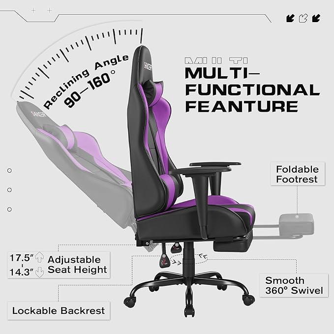 Homall Gaming Chairs Computer Chair with Footrest and Massage Lumbar Support Height Adjustable Game Chair with Headrest and Swivel Seat (Purple)