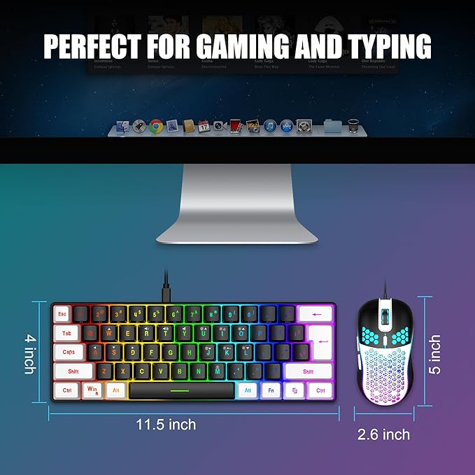 RedThunder 60% Gaming Keyboard and Mouse Combo Ultra-Compact 61-Key RGB Backlit Mini Keyboard Lightweight 7200 DPI Honeycomb Optical Mouse RGB Wired Gaming Set for PC PS5 Xbox Gamer(Black-White)