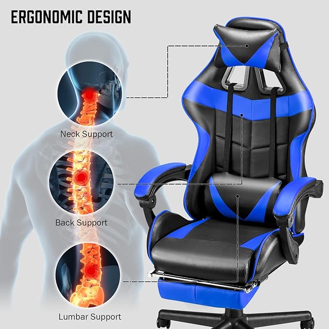 Huracan Gaming Computer Chair with Footrest Adjustable Video Game Chairs for Adults Heavy Duty Office Chair with Headrest and Lumbar Support Blue