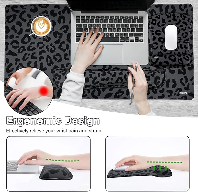 MOSISO Wrist Rest Support for Mouse Pad&ampKeyboard Set Ergonomic Large Leopard Grain Desk Mat&ampCoaster Set Non-Slip Mousepad&ampPain Relief&ampEasy Typing Cushion with Memory Foam for Home Of