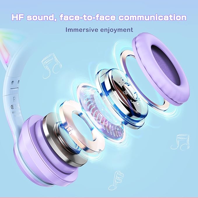 Bluetooth Cat Ear Headphones for Kids &amp Adults Wireless &amp Wired Mode Foldable Headset with Mic - Clear Sound Quality - RGB LED Light for Girls School Gaming for Phone/Laptop/PC/Tablet Purp