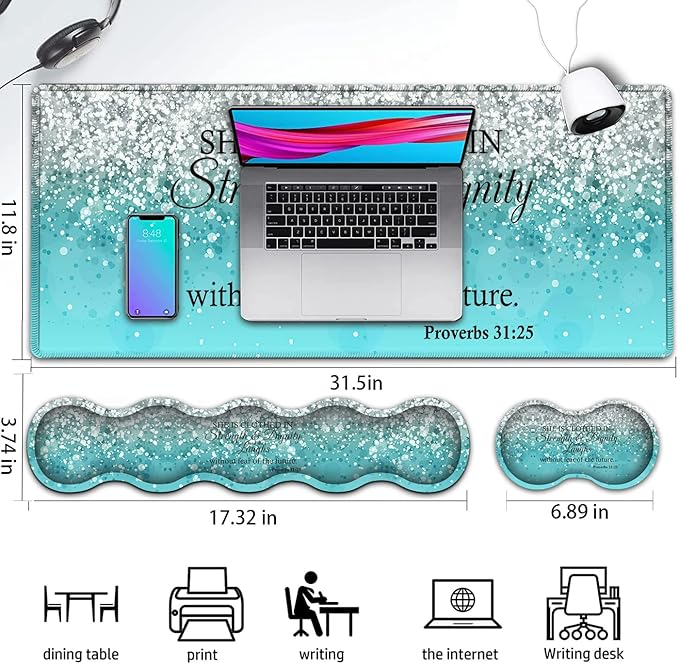 Gaming Mouse PadLarge Mouse Pad with Stitched EdgeNon-Slip Base Office Desk Pad Ergonomic Keyboard Wrist Rest SetWaterproof Writing Pad Proverbs 31：25 Bible Blue Glitter Extended Desk Mat