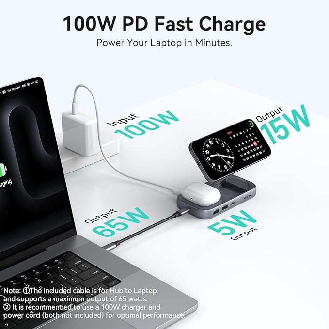 MOKiN USB C Hub with 15W Qi2 Wireless Charger Laptop Docking Station to 4K HDMI 100W PD 10Gbps Ports 15W+5W Wireless Charging Stand for iPhone 16/15/14/13 &amp Airpods USBC Dock for MacBook/Wind