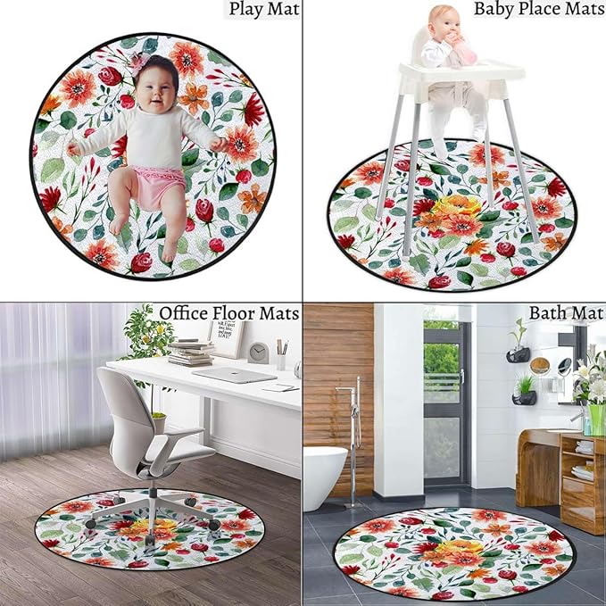 Multicolor Round Rug Nursery Rug for Bedroom Playroom Non Slip Educational Playmat Round Circle Carpet Flowers and Curls on White Background Diameter 59 in