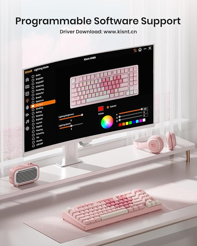 KN85 Wireless Mechanical Gaming Keyboard 75% Layout with RGB Backlit Custom Hot Swappable Creamy Sound Bluetooth/2.4GHz/USB-C Compatible with Windows/Mac/PC (Rose Pink Linear Switch)