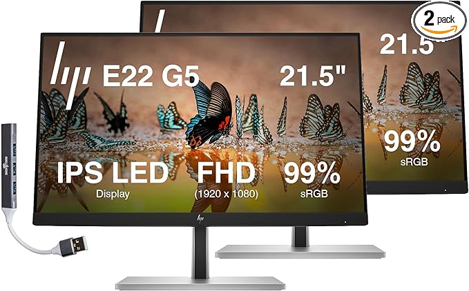 HP 22 FHD IPS Monitor with 5ms Response Time Anti Glare Flicker Free VESA Mount (100 x 100mm) Displayport HDMI &amp Dockztorm USB Port Expander Black/Silver Color 2 Pack