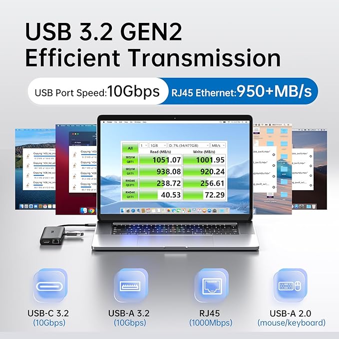 SSK USB C Hub for Laptop 10Gbps USB-C Dock with Ethernet HDMI 4K 60Hz 10 in 1 MacBook Docking Station Multiport Adapter for Laptops/Devices with HDMI USB3.2 SD/TF 100W PD 3.5 mm Headphone
