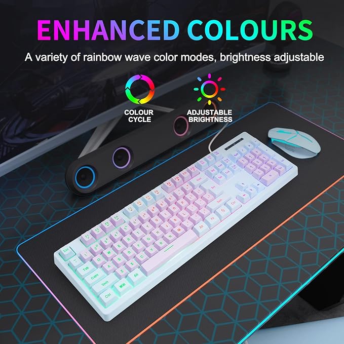 HUO JI Gaming Keyboard USB Wired with Rainbow LED Backlit Floating Keys Mechanical Feeling Spill Resistant Ergonomic for Xbox PS Series Desktop Computer PC Purple Blue