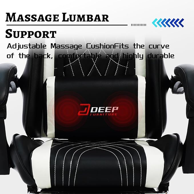 Ergonomic Gaming Chair with Footrest and Lumbar Massage Racing Office Chair High Back Computer Desk Chair with Headrest Pillow for Adults Video Game Chair for PC Gamer (1001-White)