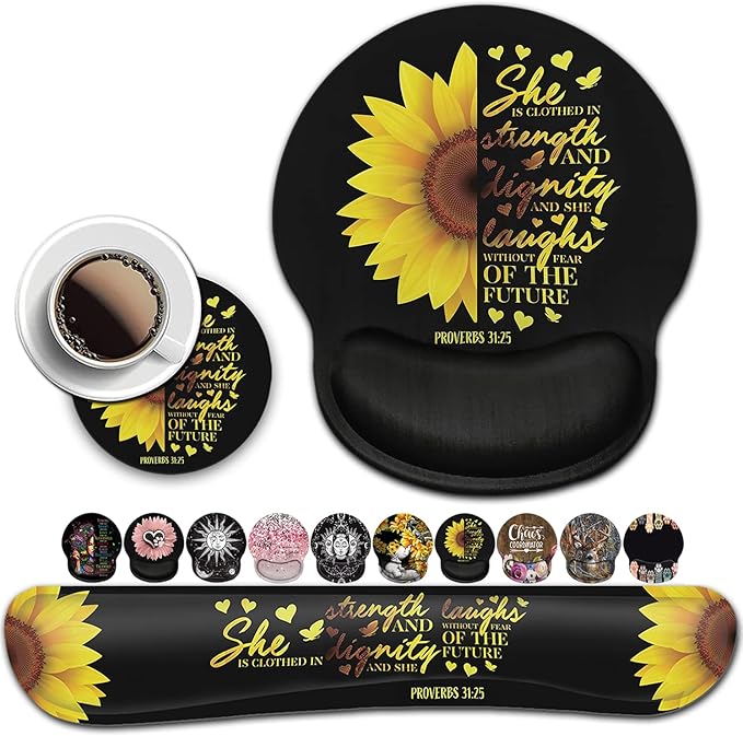 Mouse Pad Keyboard Wrist Rest Coaster Mouse Support SetSunflower Christian Bible Verse Black padErgonomic Memory Foam Mouse and Keyboard Pad Set for Laptop Computer Office Home Working Gaming