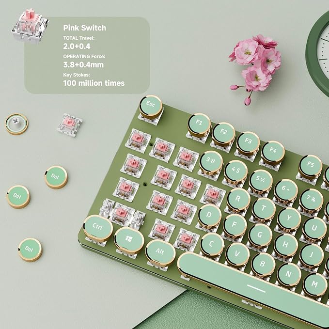 EWEADN V20 Green Typewriter Keyboard87 Keys Backlit Typewriter Style Mechanical Keyboards Media Control Knob Wired/BT5.0/2.4G Typewriter Style Computer Keyboards Pink Switch for Windows/Mac/PC