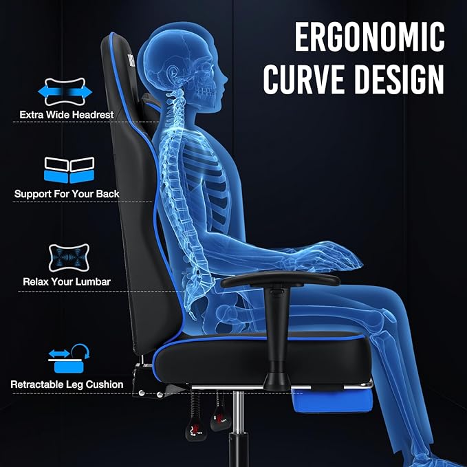 Gaming Chair with Massage Pocket Spring Cushion 155° Reclining Gaming Chair with Footrest and Adjustable Armrests Ergonomic Video Game Chairs Blue and Black