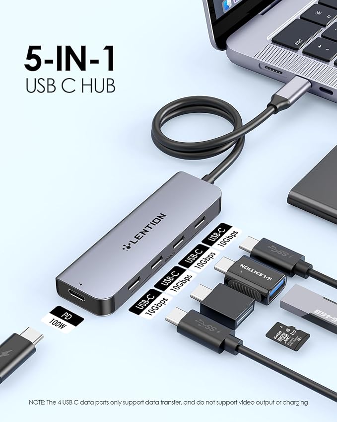 LENTION 4-Port USB C Hub with Long Cable 2FT USB C Hub Multiport Adapter 4 x Type C 3.2 10Gbps 100W PD Charging USBC Splitter Compatible with 2025-2018 MacBook Pro/Air 2026 MacBook Neo and More