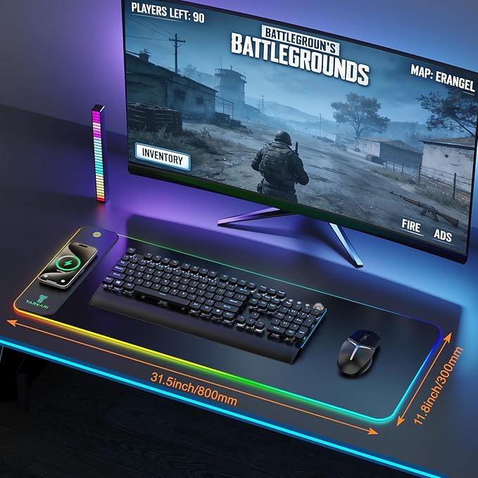 TARKARI Magnetic Wireless Charging RGB Mouse Pad Large Gaming Desk Mat Waterproof 31.5x11.8 Black Mousepad Ultra-Smooth Surface Non-Slip Rubber Base Desk Pad for Keyboard Laptop