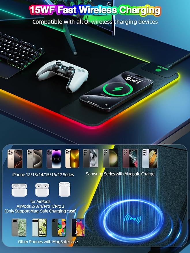 Wireless Charging Mouse Pad 31.5x11.81 XL Gaming Mousepad with 11 RGB Colors &amp 5 Lighting Modes Home Office Large Desk Pad Ultra-Smooth Surface Non-Slip Waterproof Keyboard Pad Black Desk M
