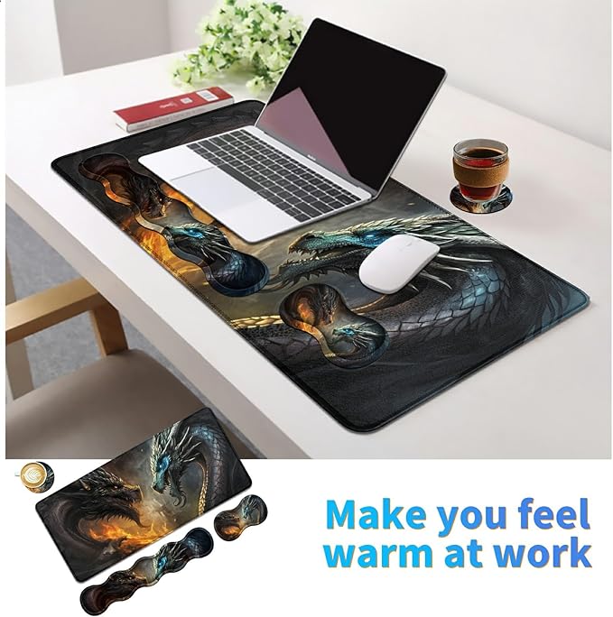 4Pcs Memory Foam Keyboard Mouse Wrist Rest Pad + Gaming Desk Mat 31.5 * 11.8 with Stitched Edges + Mouse Wrist Cushion + Coasters Non-Slip Desk Pad Protector for Laptop Desktop Flame Dragon