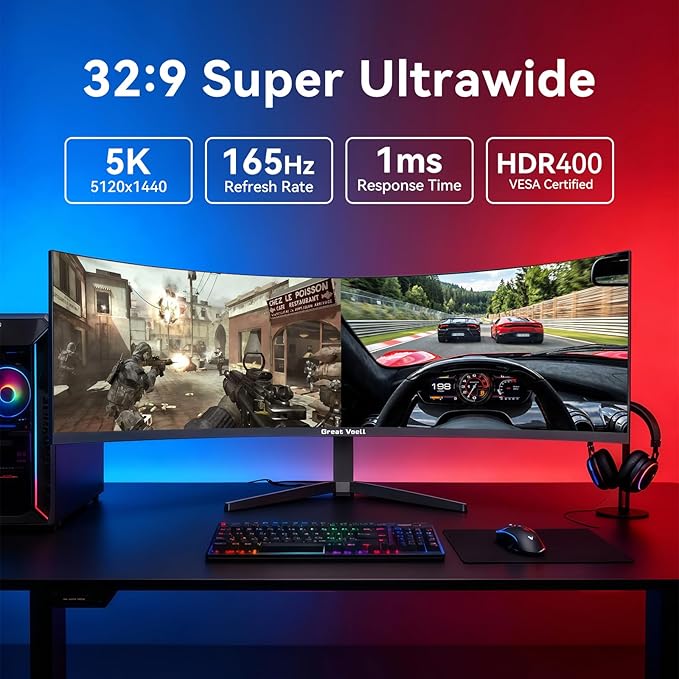 49 Inch Curved Gaming Monitor 32:9 DQHD 5K 165Hz 1ms Ultrawide Display 1500R Immersive Curvature HDR400 127% sRGB FreeSync HDMI/DP VESA Mountable for Gaming &amp Productivity