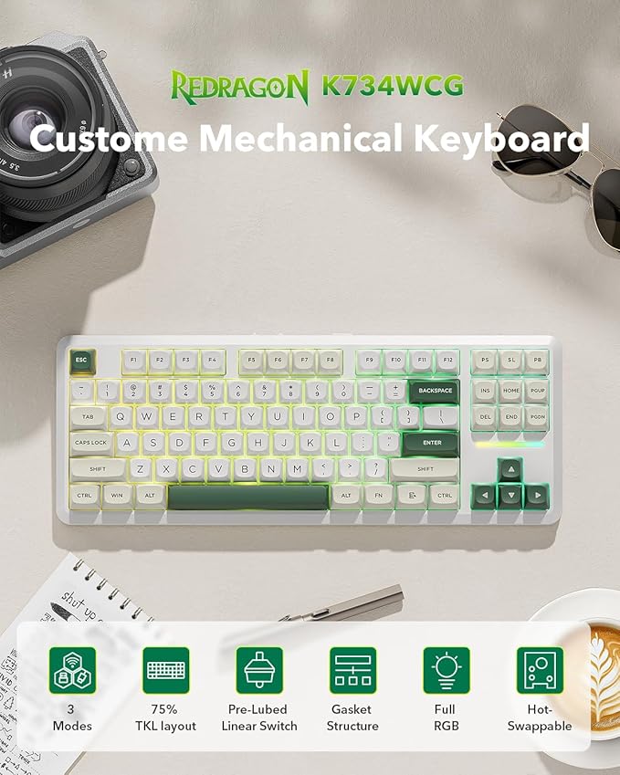 Redragon K734W Wireless Mechanical Keyboard Tri Mode BT5.0/2.4G/USB-C 75% 81 Keys TKL Custom Hot Swappable Gaming Keyboard Pre-lubed Linear SwitchesRGB Gasket Computer Creamy Keyboard for PC/MAC