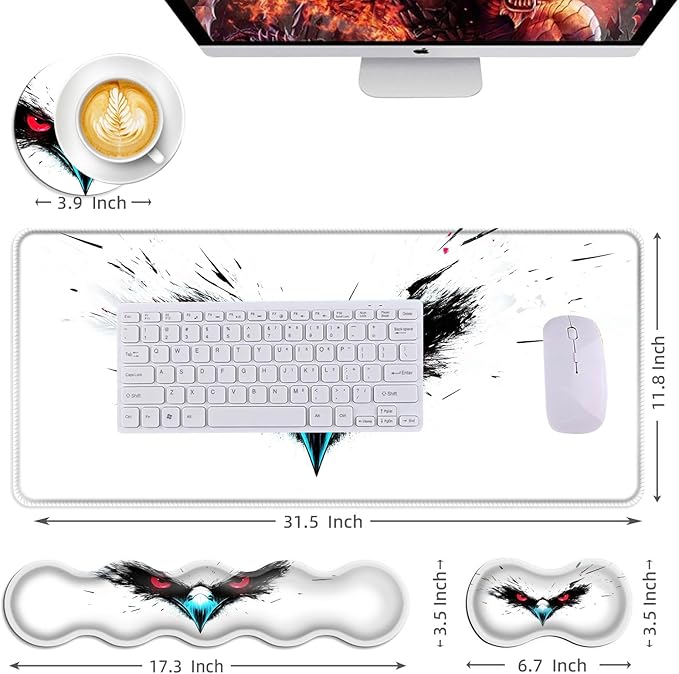 Mouse PadLarge Desk Mat Set 4in1 XL Mousepad + Keyboard Wrist Rest+Mouse Wrist Rest+Coaster with Ergonomic Desk Pad for Home Office Table Computer Cover -Eagle with Red Eyes
