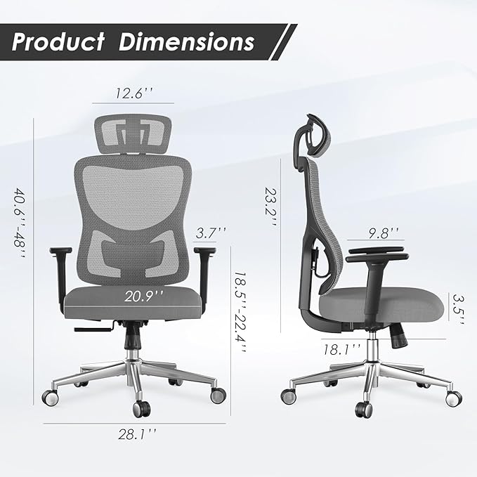 Ergonomic Office Chair with 3D Armrests &amp Adjustable High Back - Reclining Computer Desk Chair with Lumbar Support and Headrest for Gaming and Home Office 350 lbs Capacity (Grey Model C)