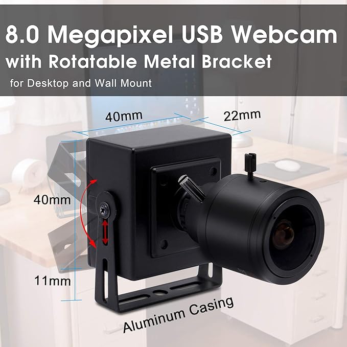 SVPRO Manual Zoom Focus USB Camera 2.8-12mm Varifocal Lens 2448P HD USB Web Camera 8MP High Definition with Sony IMX179 Sensor M12 Mount Lens Portable USB Camera with Metal Case and Bracket