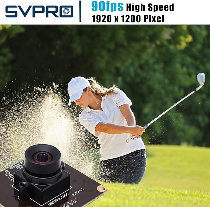 SVPRO Global Shutter USB Camera Module 90fps High Speed Webcam Board 1920x1200 2MP AR0234 UVC Webcam Module with Distortion Free M12 Lens for ComputerSlow Motion Board Camera for Golf Swing