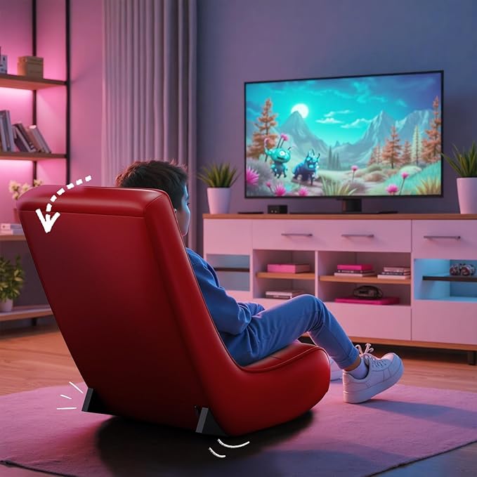 GTPLAYER Gaming Floor Rocking Chair – Rocker Floor Game Chair with Angle Limiter Stylish Patterned Design Comfortable Video Game Seat Red Baseball Pattern