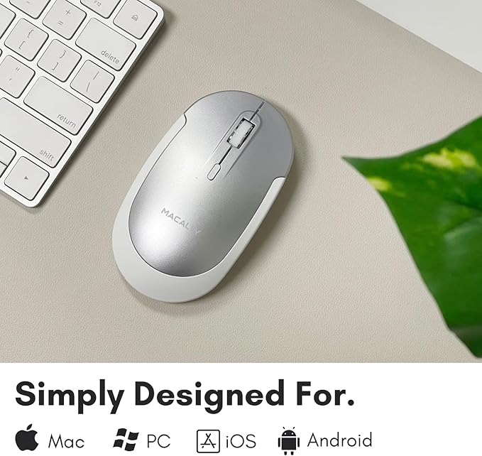 Macally Wireless Bluetooth Mouse for Mac MacBook Pro/Air iPad and PC - Comfortable and Quiet Compatible Wireless Apple Mouse - Rechargeable Battery - Silver