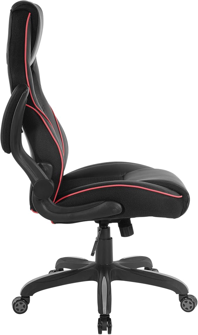 OSP Home Furnishings Xeno Ergonomic Adjustable Faux Leather Gaming Chair with Integrated Headrest and Airflow Cooling Material Black with Red Accents
