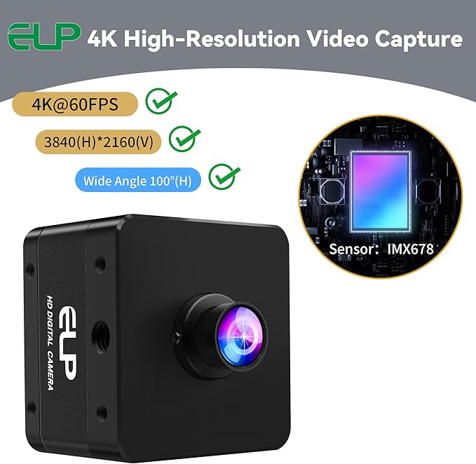 ELP High Speed 4K 60FPS USB Camera for Computer Mini UVC 2160P USB3.0/2.0 Lightburn Cameras for Windows Linux Mac Pi Fast Frame Wide Angle 100°(H) IMX678 Webcam for PC Laptop Jetson Nano