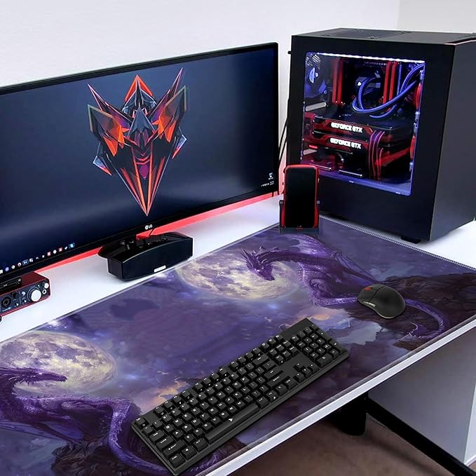 3-in-1 Large Mouse Pad Gaming Set (31.5 x 11.8 inch)+ Wrist Rest Pad + Coaster Memory Foam Gel Wrist Rest Pad for Pain Relief Stitched Edges Non-Slip Table Mat Starry Purple Dragon