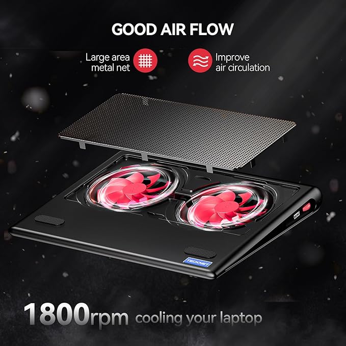 TECKNET Laptop Cooling Pad - 12-15.6 Laptops Cooler Powerful Cooler and Ultra Quiet for Gaming Laptops Pad 2 Wind Speed Adjustable USB A &amp C Powered Cooler Stand with Laptop Fan LED (Red)