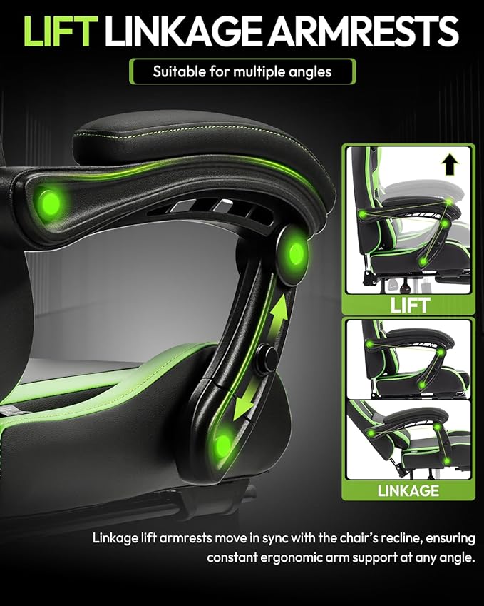 Dowinx Ergonomic Gaming Chair with Footrest &amp Massage Lumbar 2D-Linkage Armrests for Computer Chair 330lbs with Headrest Pillow for Office Home Streaming and Long Gaming Sessions Green