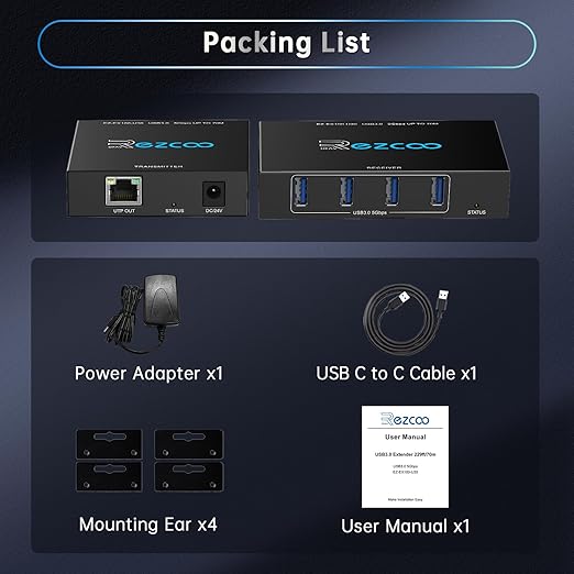 USB 3.0 Extender 330ft 100m 4-Port USB Extender Over Cat5e Cat6 RJ45 LAN Extension POE 5V Low-Power Consumption USB Extender Ethernet Work Sync Windows MacOS Android Linux No Driver