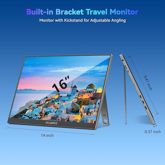 WUAWE 120Hz Portable Monitor 100% sRGB 16 Inch Portable Gaming Monitor with Built-in Stand HDR and Freensync External USB C Monitor for Laptop PC Phone Switch and PS5 (Silver)