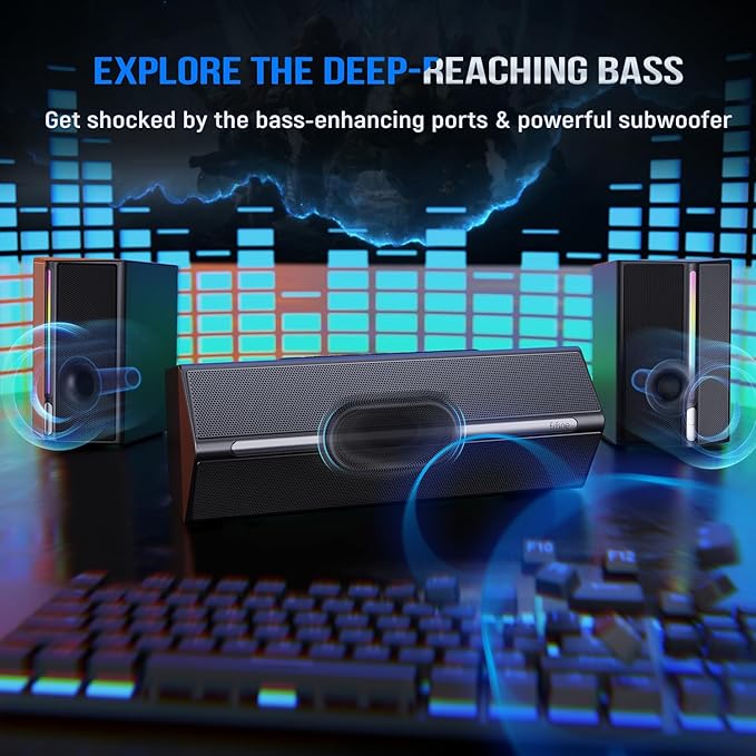 FIFINE Computer Speakers System with Subwoofer Gaming Speaker for PC with RGB Volume Control Monitoring 3.5mm Aux Input AC Powered Speakers for Desktop Mobile TV-AmpliGame A22