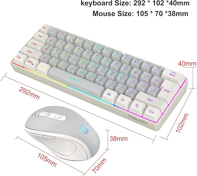Snpurdiri 2.4G Wireless Gaming Keyboard and Mouse Combo Include Mini 60% Mechanical Feel RGB Backlit Keyboard Ergonomic Vertical Feel Small Wireless Mouse(White and Grey)