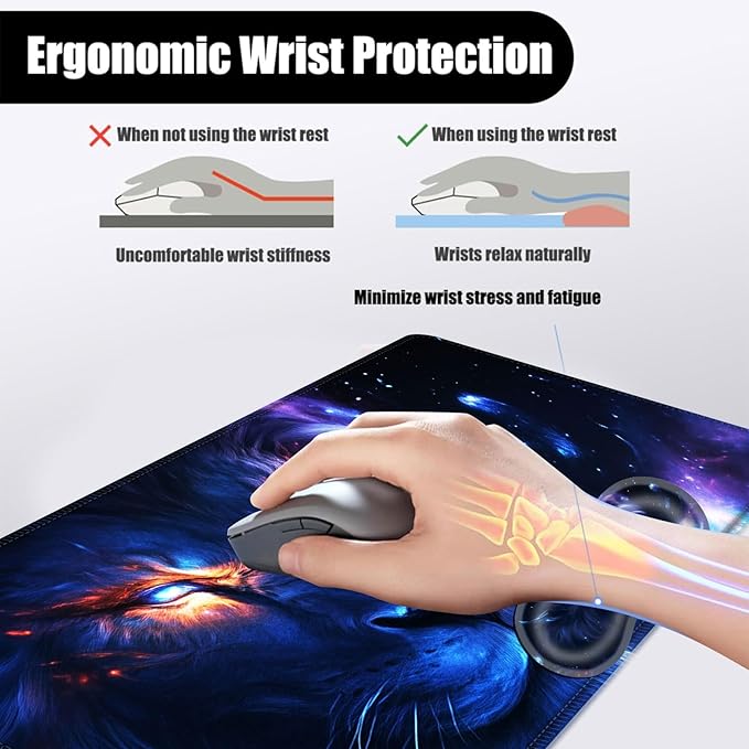 Mouse PadLarge Desk Mat Set 4in1 XL Mousepad + Keyboard Wrist Rest+Mouse Wrist Rest+Coaster with Ergonomic Desk Pad for Home Office Table Computer Cover -Galaxy Lion with Glowing Eyes
