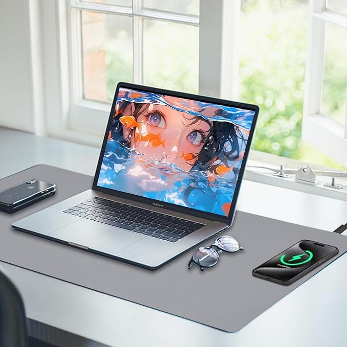 Desk Mat with Wireless Charging Grey Mouse Pad with Wireless Charger Desk Pad Matt for Desktop Mousepad Gaming Large Mouse Pad Leather Compute for Keyboard and Mouse 32 x 16